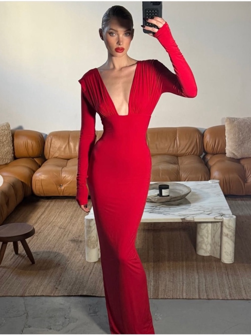 Helsa Studio Jersey Deep V Maxi Plunge Long Sleeve Red Evening Dress